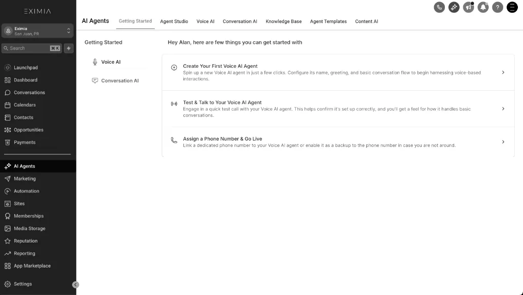 Constructor de agentes de IA de EXIMIA CRM: Voice AI y Conversation AI