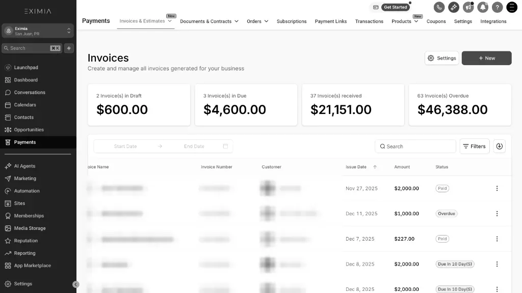 Módulo de pagos y facturas de EXIMIA CRM